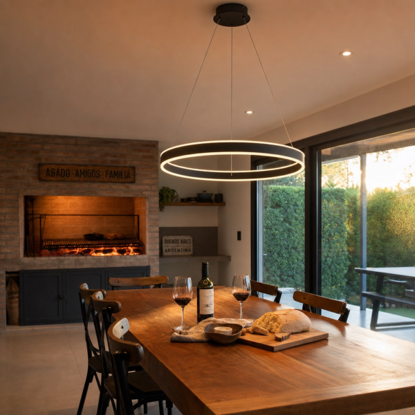 Colgante anillo LED negro en quincho argentino con parrilla