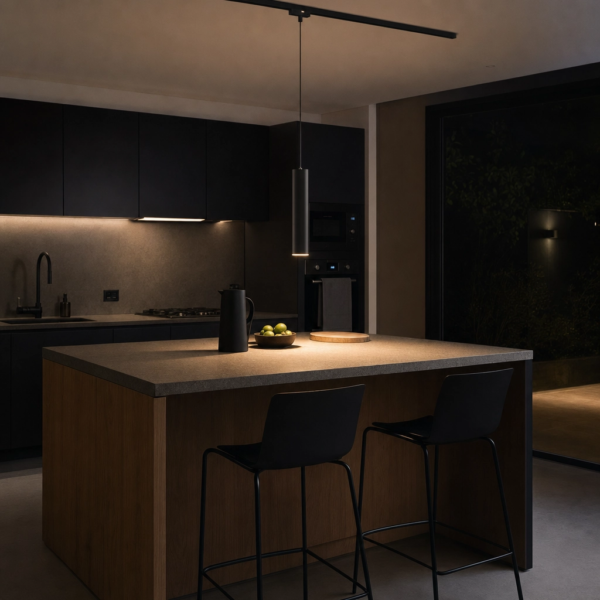 Colgante Cilindro, para Rieles Magnéticos. 12W, 360 lm, 3000K. 50×300mm Negro en cocina moderno argentino