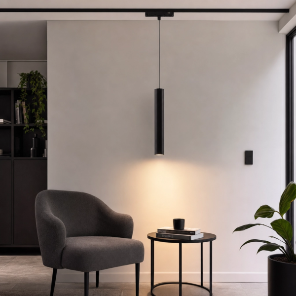 Colgante Cilindro, para Rieles Magnéticos. 12W, 360 lm, 3000K. 50×300mm Negro en living moderno argentino