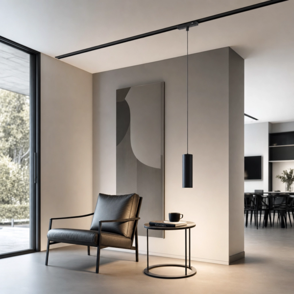 Colgante Cilindro, Línea Smart, para Rieles Magnéticos. 7W, 180 lm, 3000K ~ 6500K. 50×150mm Negro en living moderno argentino