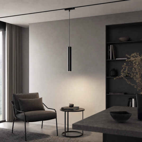 Colgante Cilindro, Línea Smart, para Rieles Magnéticos. 14W, 360 lm, 3000K ~ 6500K. 50×300mm Negro en living moderno argentino