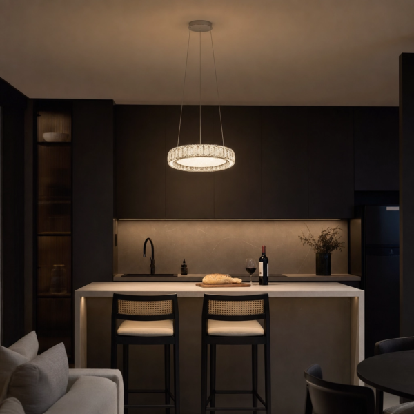 Colgante Maravilla — Metal, moderno cilíndrico (LED) en cocina isla moderna argentina de noche