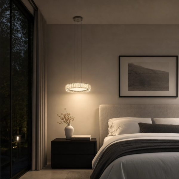 Colgante Maravilla — Metal, moderno cilíndrico (LED) en dormitorio moderno argentino de noche