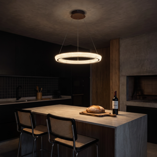Paola | Colgante Metal Contemporáneo Envolvente Anillo LED en cocina isla moderna argentina de noche