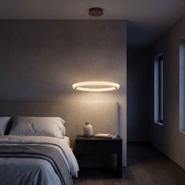 Paola | Colgante Metal Contemporáneo Envolvente Anillo LED en dormitorio moderno argentino de noche