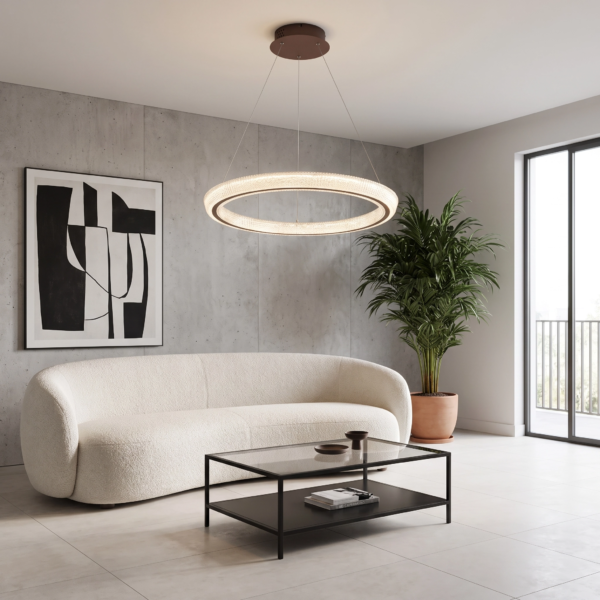 Paola | Colgante Metal Contemporáneo Envolvente Anillo LED en living moderno argentino con luz de día
