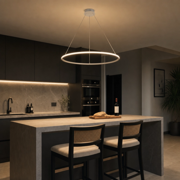 Macerata | Colgante Metal Contemporáneo Envolvente Anillo LED en cocina isla moderna argentina de noche