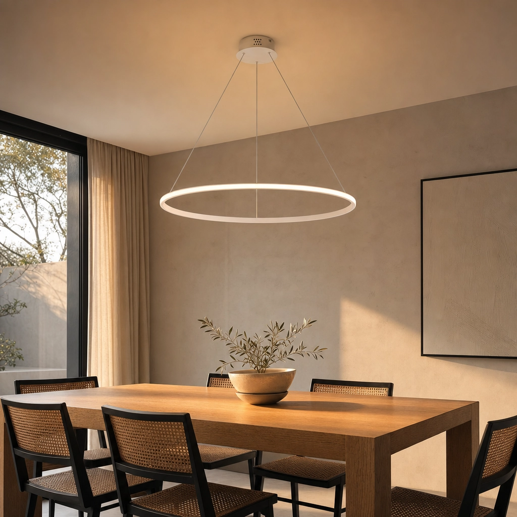 Macerata | Colgante Metal Contemporáneo Envolvente Anillo LED en comedor moderno argentino en golden hour