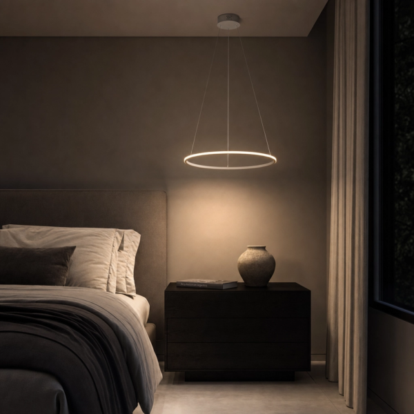 Macerata | Colgante Metal Contemporáneo Envolvente Anillo LED en dormitorio moderno argentino de noche