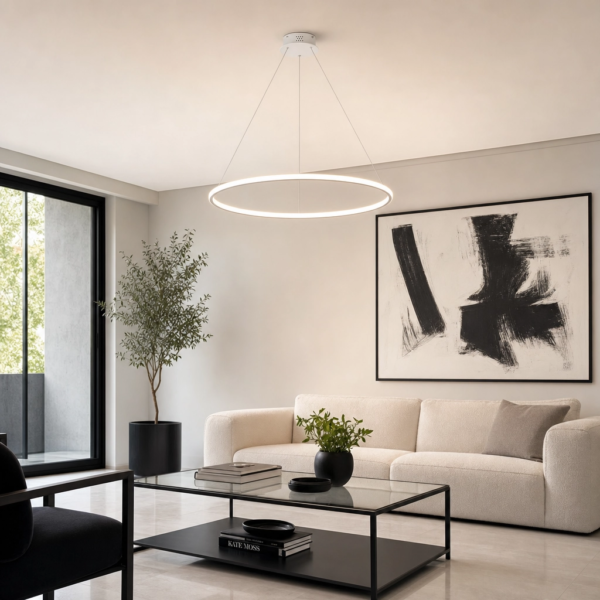 Macerata | Colgante Metal Contemporáneo Envolvente Anillo LED en living moderno argentino con luz de día