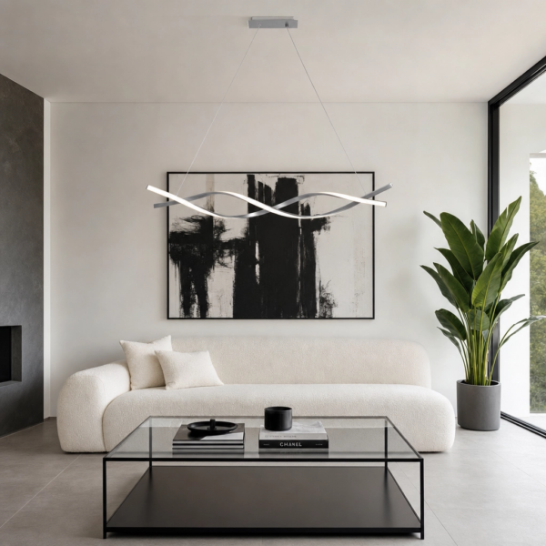 Bovalino | Colgante Metal Moderno Sofisticado Lineal Escultural LED en living moderno argentino con luz de día