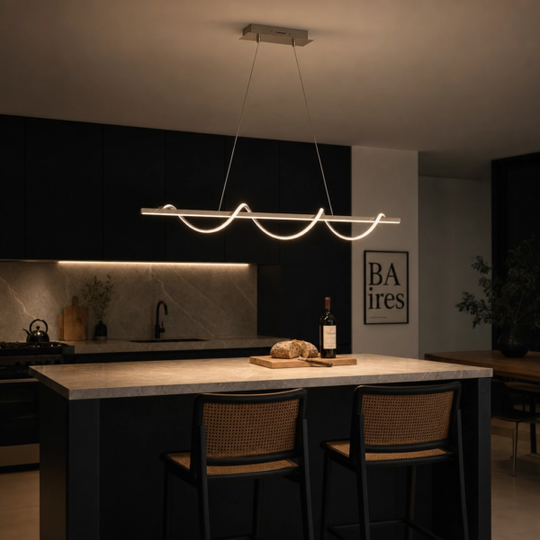 Ruvo | Colgante Metal Moderno Sofisticado Lineal Escultural LED en cocina isla moderna argentina de noche