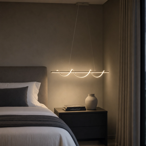Ruvo | Colgante Metal Moderno Sofisticado Lineal Escultural LED en dormitorio moderno argentino de noche