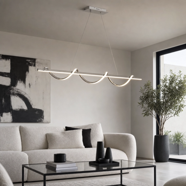 Ruvo | Colgante Metal Moderno Sofisticado Lineal Escultural LED en living moderno argentino con luz de día