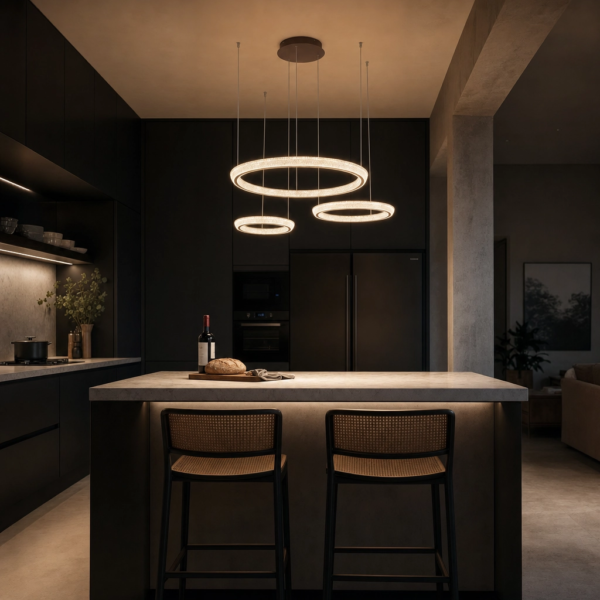 Comacchio | Colgante Metal Contemporáneo Envolvente Doble Anillo LED en cocina isla moderna argentina de noche