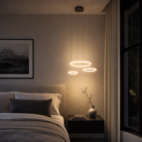Comacchio | Colgante Metal Contemporáneo Envolvente Doble Anillo LED en dormitorio moderno argentino de noche