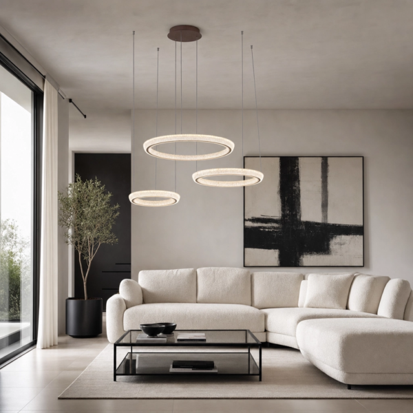 Comacchio | Colgante Metal Contemporáneo Envolvente Doble Anillo LED en living moderno argentino con luz de día