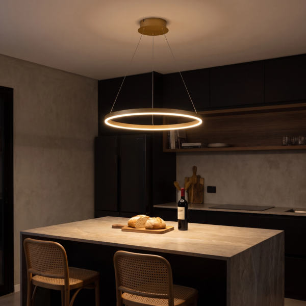 Linguaglossa | Colgante Metal Contemporáneo Sofisticado Anillo Dorado LED en cocina isla moderna argentina de noche