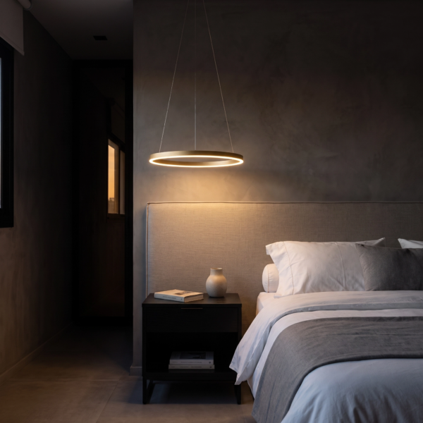 Linguaglossa | Colgante Metal Contemporáneo Sofisticado Anillo Dorado LED en dormitorio moderno argentino de noche
