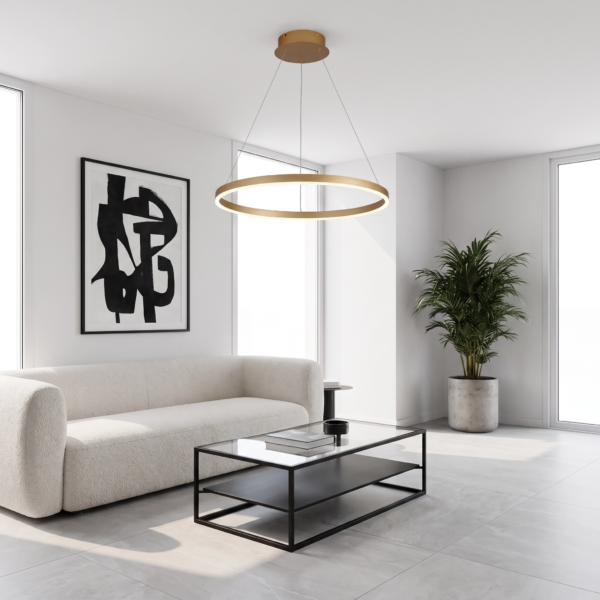 Linguaglossa | Colgante Metal Contemporáneo Sofisticado Anillo Dorado LED en living moderno argentino con luz de día