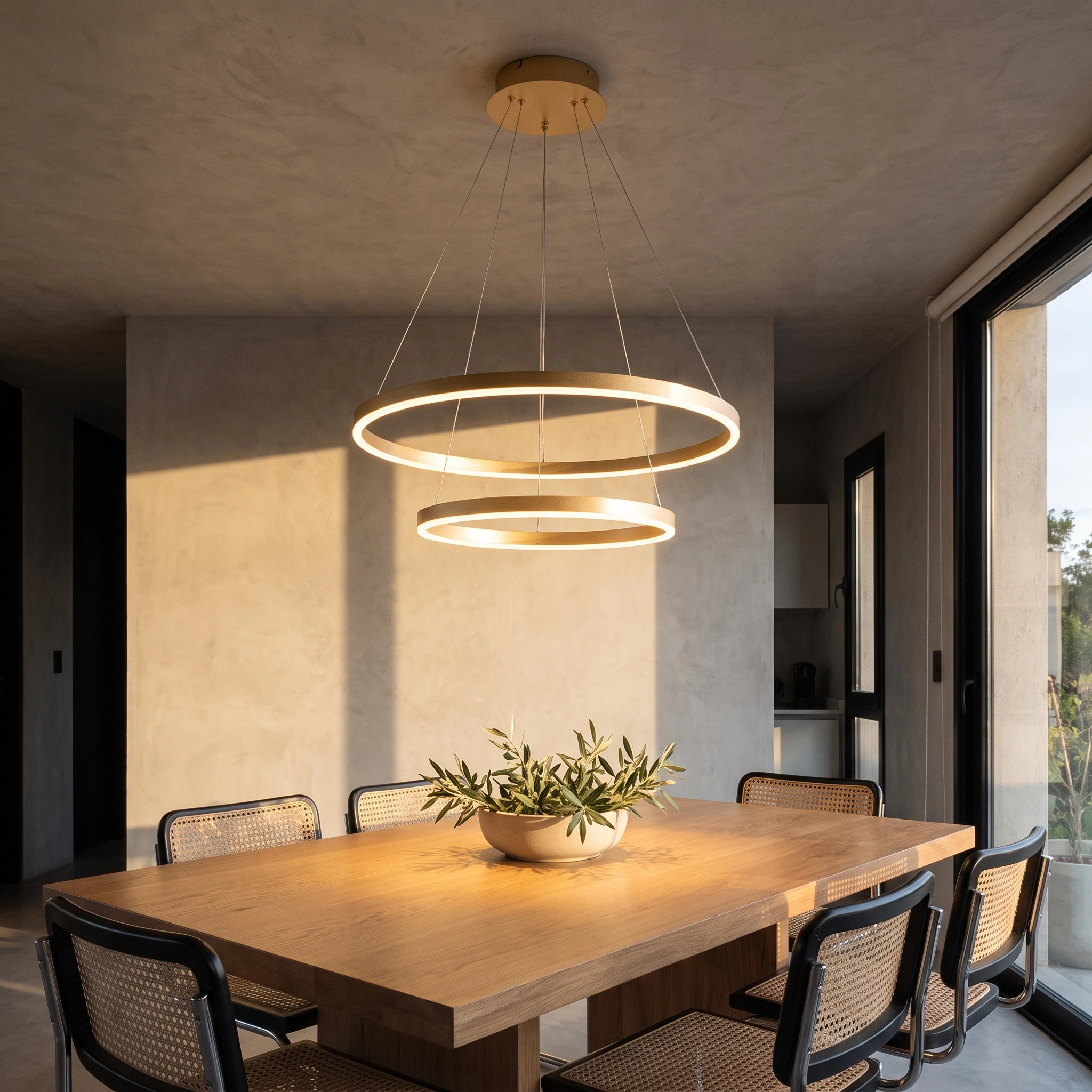 Cogne | Colgante Metal Contemporáneo Sofisticado Doble Anillo LED en comedor moderno argentino en golden hour