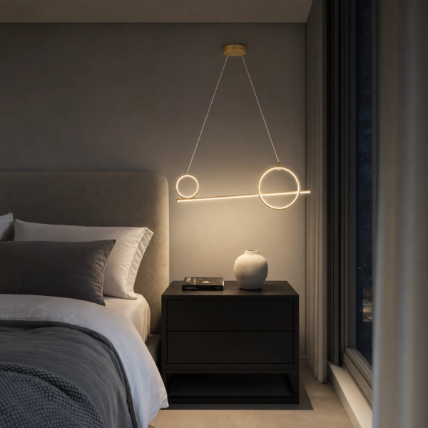 Nepi | Colgante Metal Moderno Sofisticado Lineal Escultural LED en dormitorio moderno argentino de noche