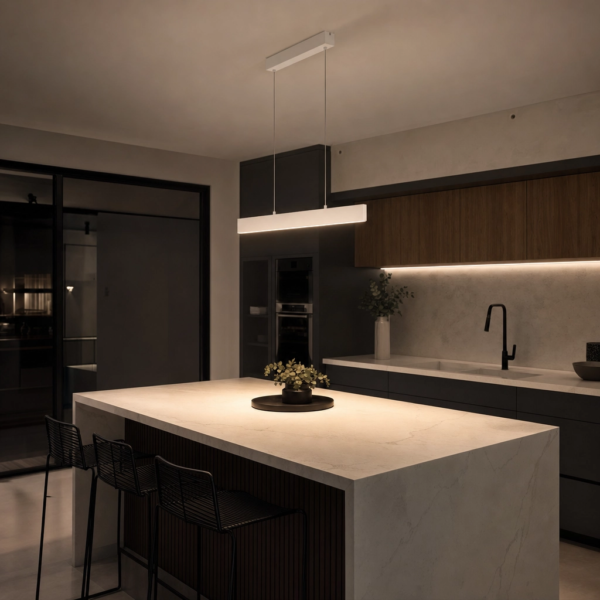 Marineo | Colgante Metal Minimalista Sereno Lineal LED sobre isla de cocina argentina, ambiente cálido de noche