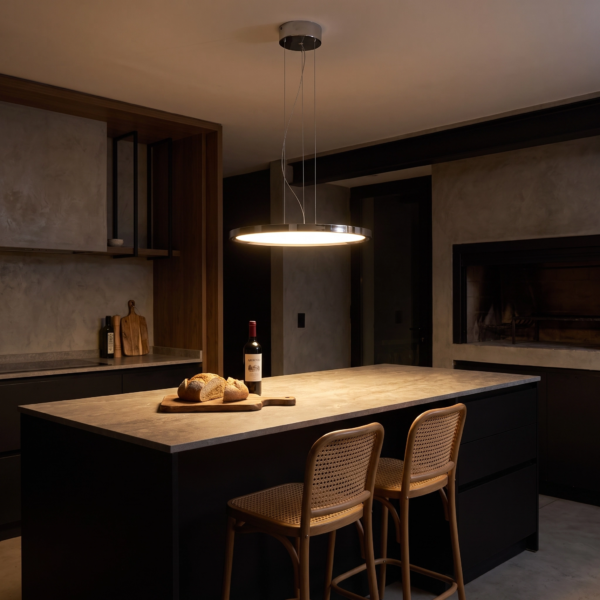 Busseto | Colgante Metal Moderno Sofisticado Disco LED en cocina isla moderna argentina de noche