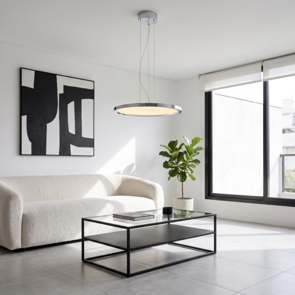 Busseto | Colgante Metal Moderno Sofisticado Disco LED en living moderno argentino con luz de día