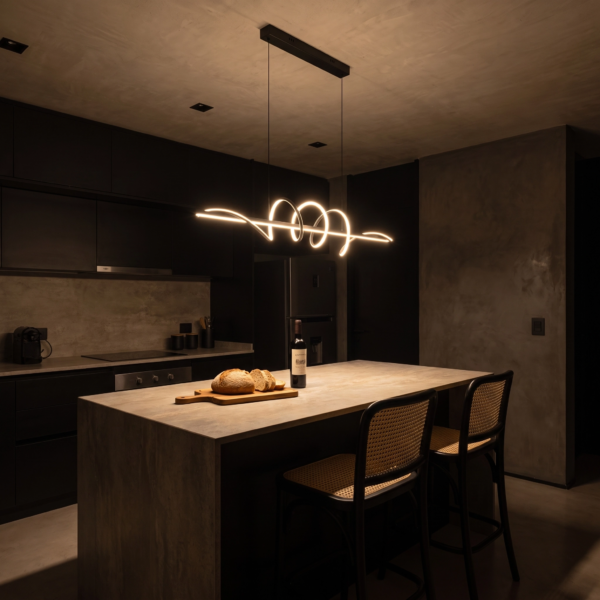 Atrani | Colgante Metal Moderno Sofisticado Lineal Escultural LED en cocina isla moderna argentina de noche