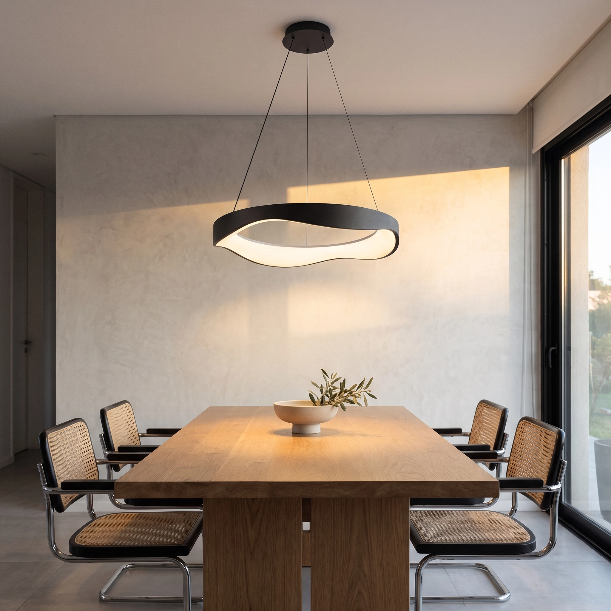 Colgante Galvénia de metal negro sobre una mesa de comedor moderno argentino en golden hour