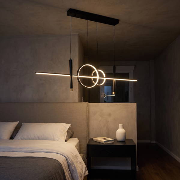 Giardini | Colgante Metal Moderno Sofisticado Lineal Escultural LED en dormitorio moderno argentino de noche
