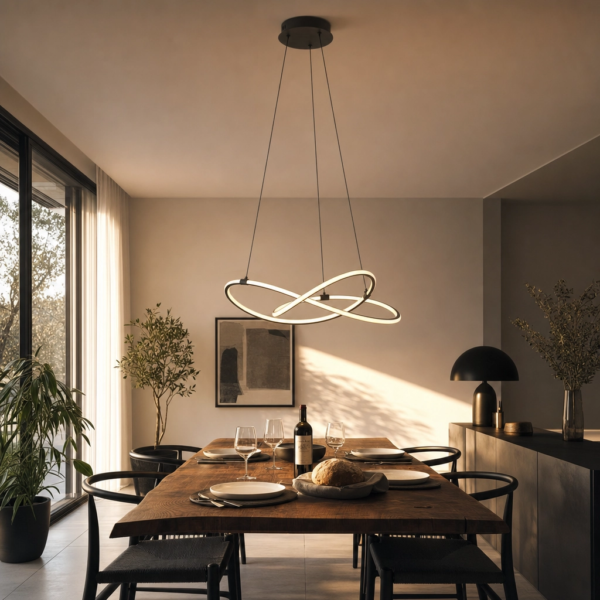 Termini | Colgante Metal Moderno Sofisticado Escultural LED colgando sobre mesa de comedor moderno argentino en hora dorada