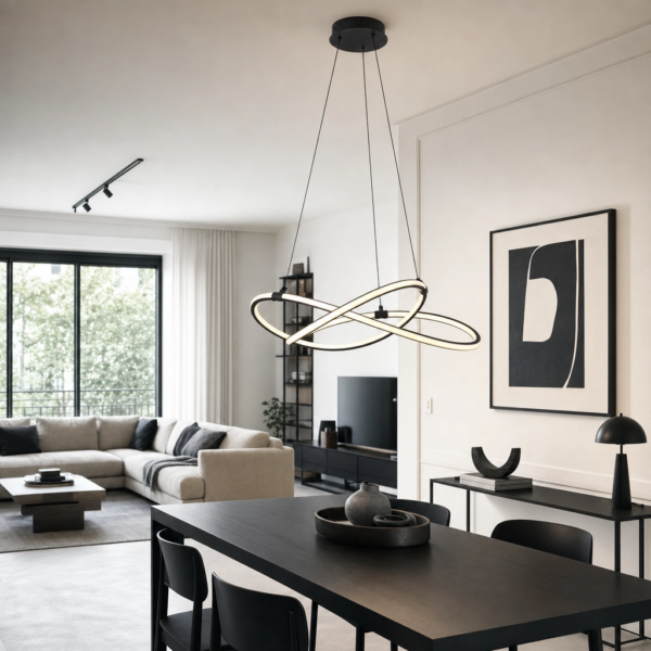 Termini | Colgante Metal Moderno Sofisticado Escultural LED en living comedor integrado estilo Palermo con luz natural