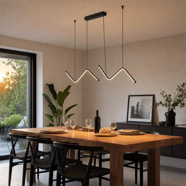 Alcamo | Colgante Metal Moderno Sofisticado Lineal Escultural LED colgando sobre mesa de comedor moderno argentino en hora dorada