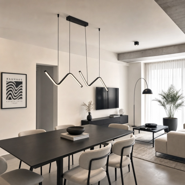 Alcamo | Colgante Metal Moderno Sofisticado Lineal Escultural LED en living comedor integrado estilo Palermo con luz natural