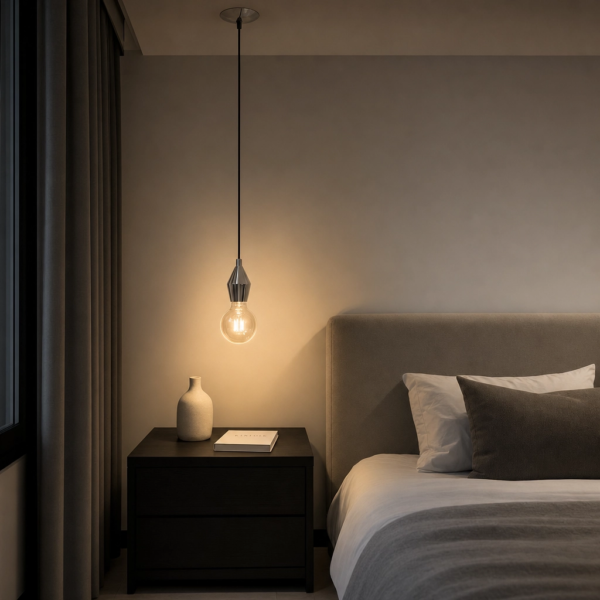 Perugia | Colgante Metal Retro Cálido Cónico E27 en dormitorio moderno argentino de noche