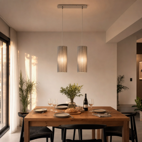 Sanza | Colgante Textil Moderno Acogedor Doble Pantalla E27 colgando sobre mesa de comedor moderno argentino en hora dorada