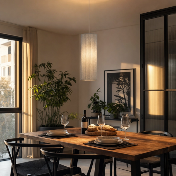 Torraca | Colgante Textil Moderno Acogedor Pantalla E27 colgando sobre mesa de comedor moderno argentino en hora dorada