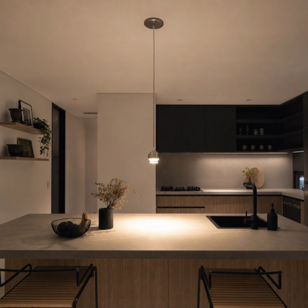 Conjunto para Colgante c/tensor. Cromo sobre isla de cocina argentina, ambiente cálido de noche