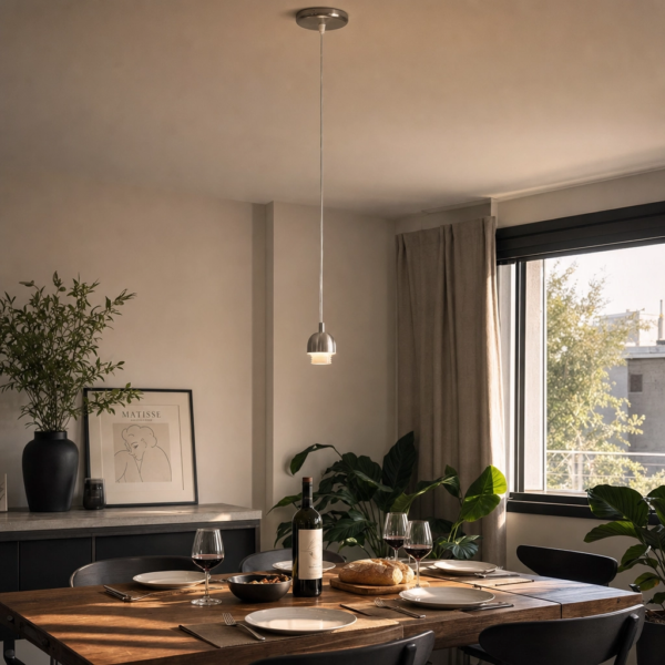 Conjunto para Colgante c/tensor. Cromo colgando sobre mesa de comedor moderno argentino en hora dorada