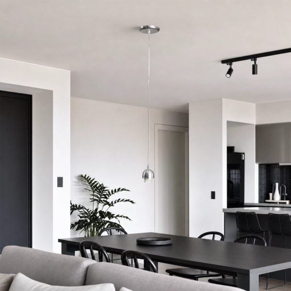 Conjunto para Colgante c/tensor. Cromo en living comedor integrado estilo Palermo con luz natural