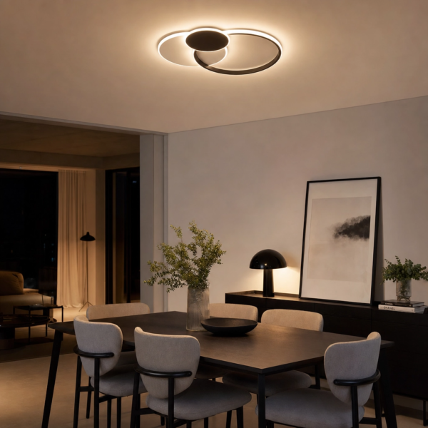 Corleone | Plafón Metal Moderno Envolvente Anillos LED en comedor moderno argentino