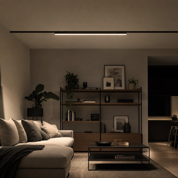 Difusor Lineal, para Rieles Magnéticos. 36W, 840 lm, 3000K. 900×23×43mm Negro en living moderno argentino