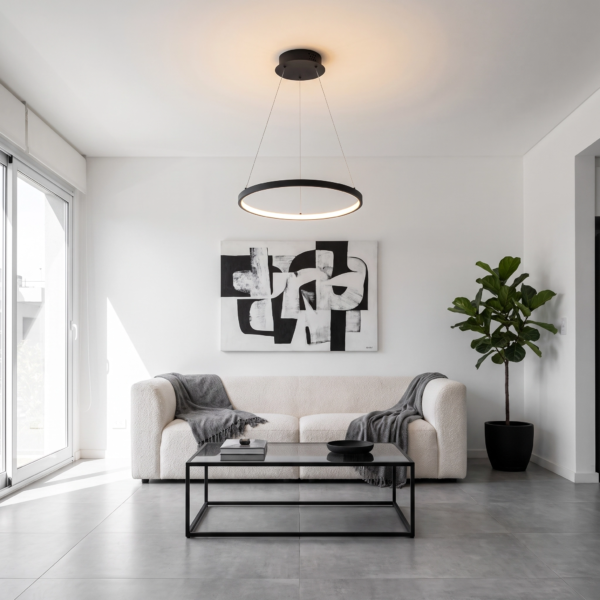 Faenza | Colgante Metal Contemporáneo Envolvente Anillo LED en living moderno argentino con luz de día