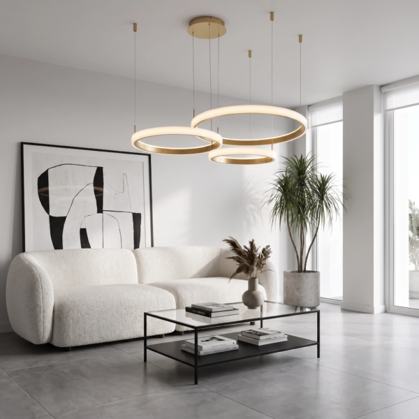 Follonica | Colgante Metal Contemporáneo Sofisticado Triple Anillo LED en living moderno argentino con luz de día