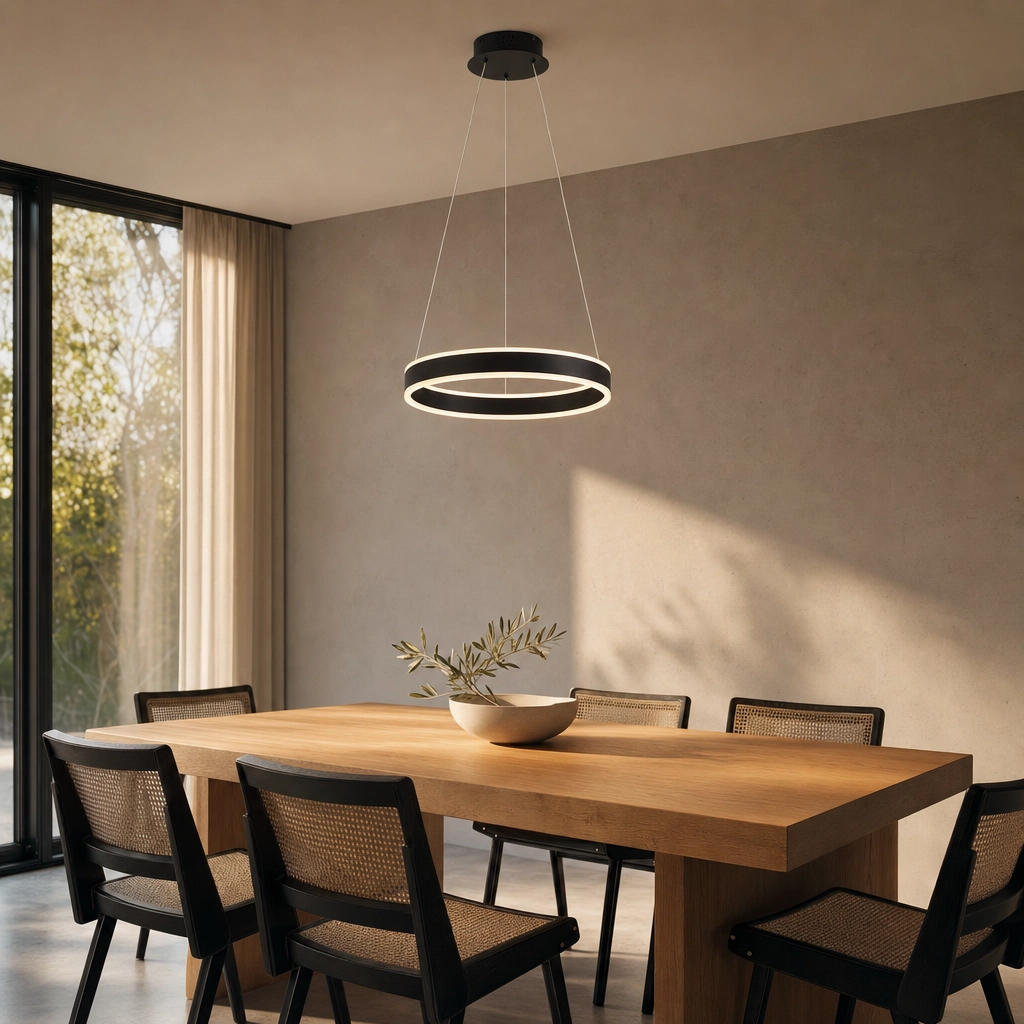 Fondi | Colgante Metal Contemporáneo Envolvente Anillo LED en comedor moderno argentino en golden hour