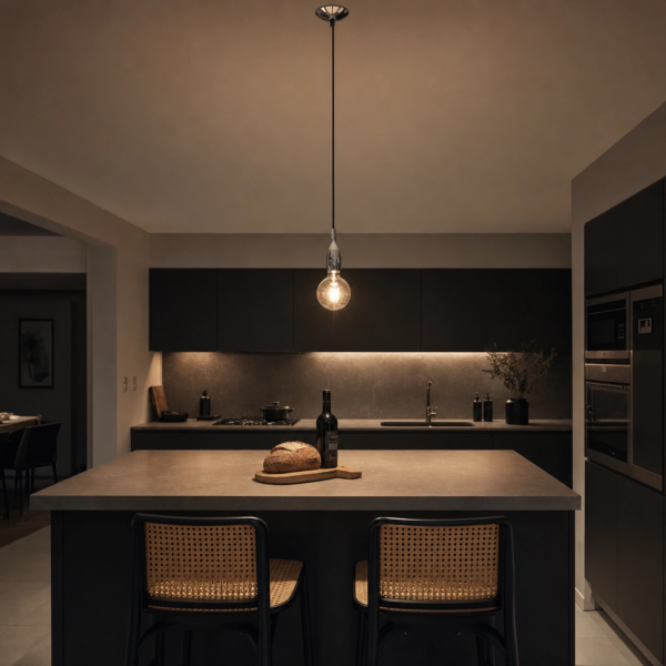 Genova | Colgante Metal Industrial Cálido Filamento E27 en cocina isla moderna argentina de noche