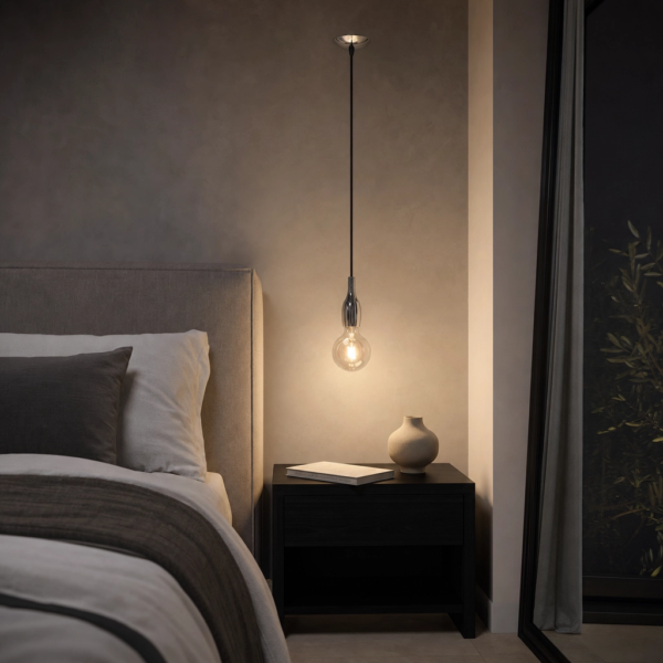 Genova | Colgante Metal Industrial Cálido Filamento E27 en dormitorio moderno argentino de noche
