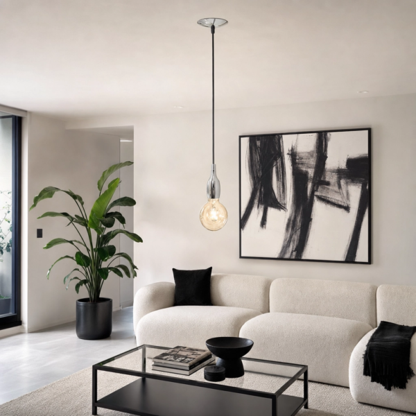 Genova | Colgante Metal Industrial Cálido Filamento E27 en living moderno argentino con luz de día